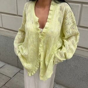 Rumored Ruffle Trim V neck Cardigan in yellow size S
